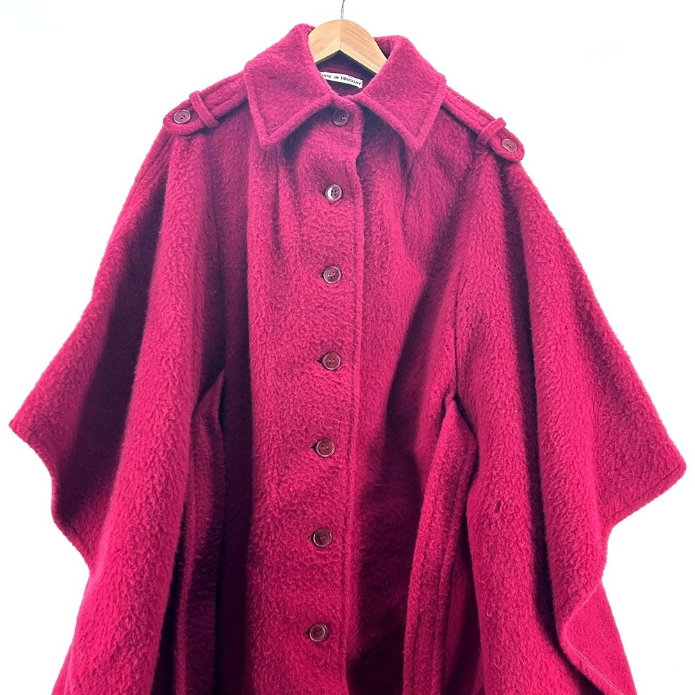 Vintage Woolmark Pure New Wool Cape Coat Deep Red Button Up Belted Unlined M
